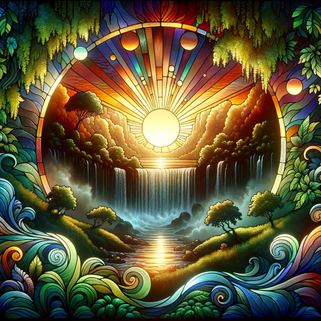 Surreal Stained Glass Sunset Over Majestic Waterfall
