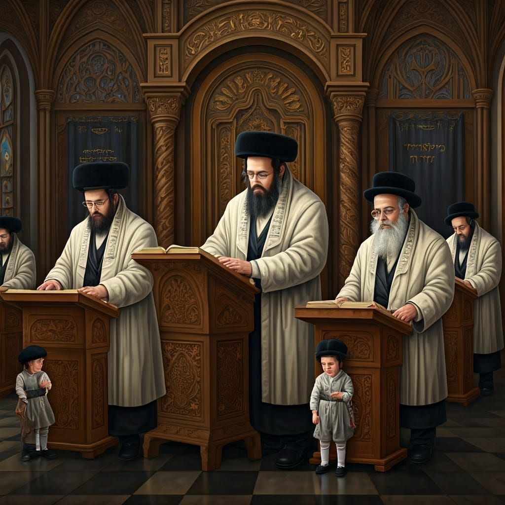 Ultra-Orthodox Jews Praying in Synagogue, Oil Painting
