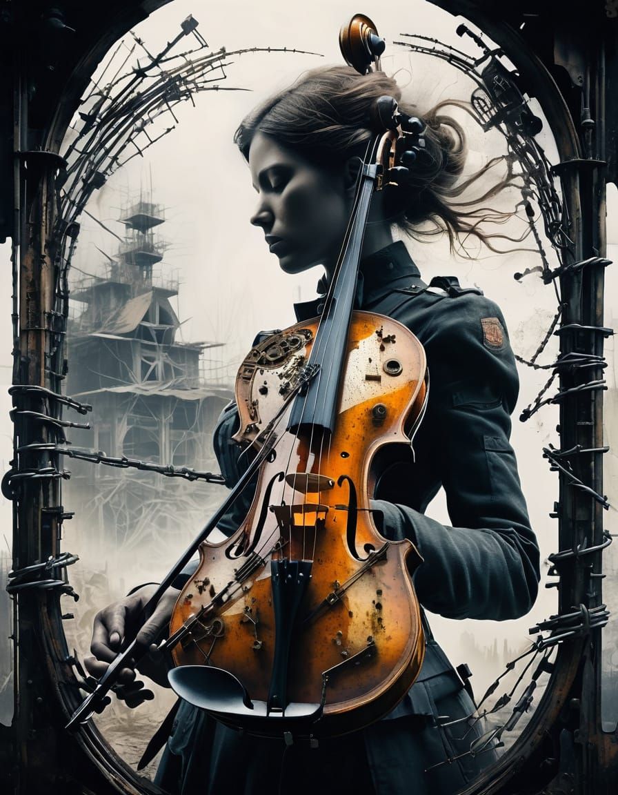 Steampunk Violin Double Exposure with Dancing Mechatron