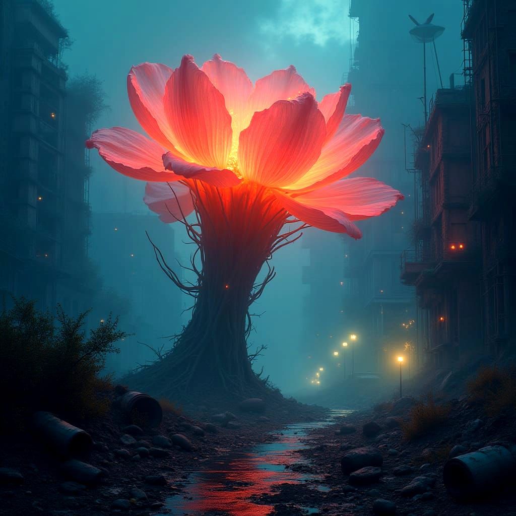Bioluminescent Flower Blooms in Cyberpunk Ruins