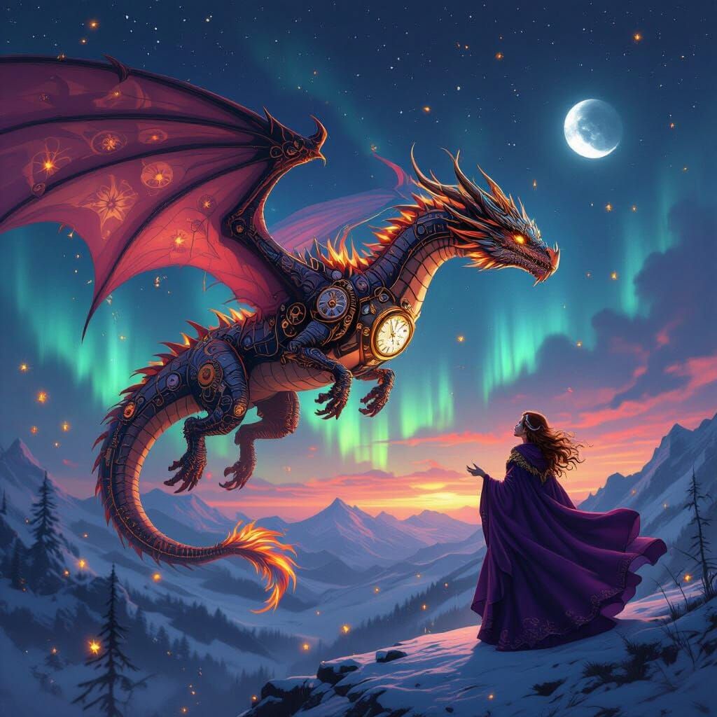 Steampunk Dragon Soaring Under Aurora Borealis