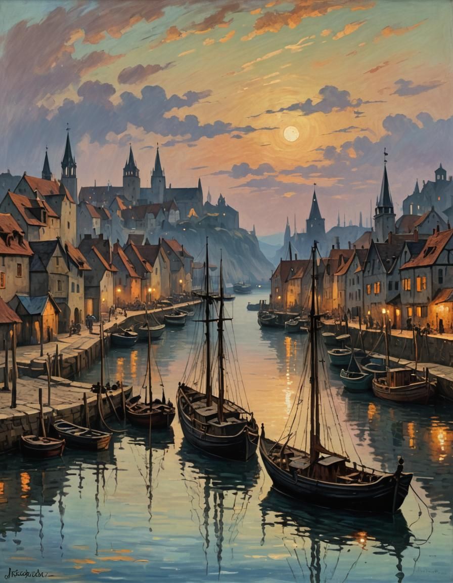 Impressionistic Medieval Harbor at Twilight
