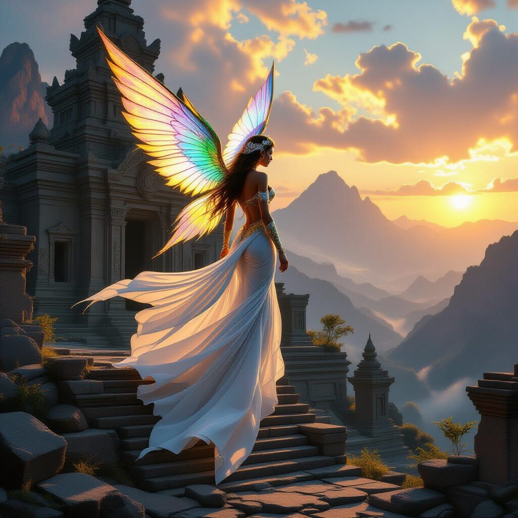 Mermaid Descends on Mountaintop Temple in Golden Hour