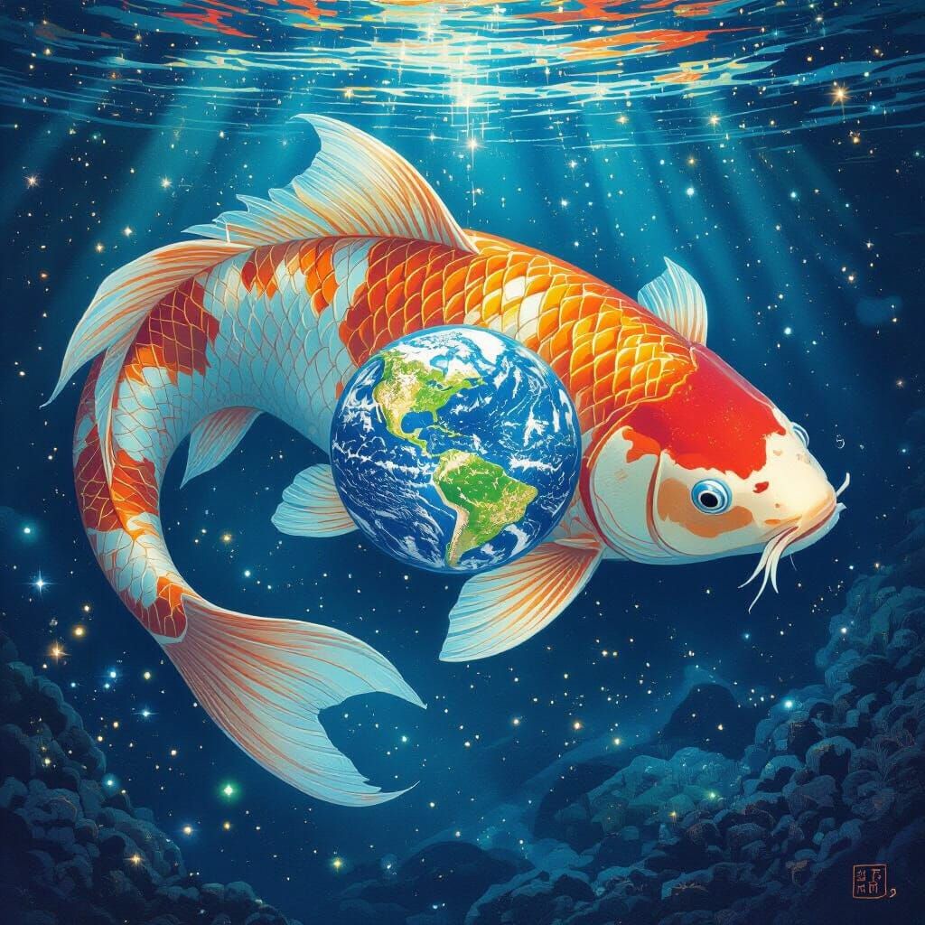 Giant Koi Fish Holds Japan Globe in Cosmic Ocean