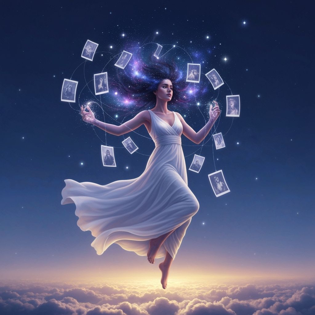 Ethereal Woman Weaving Memories in Twilight Sky