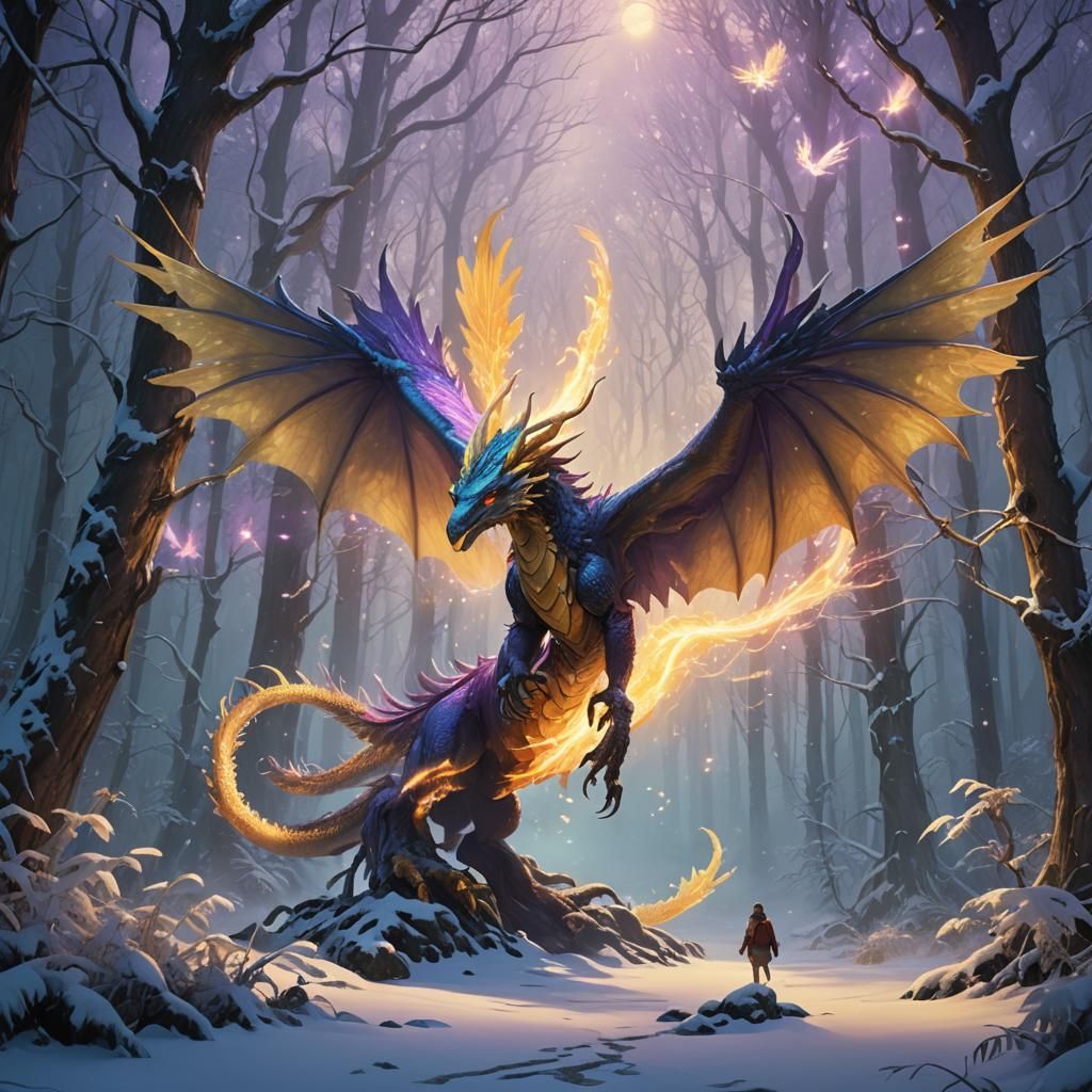 Mystical Dragon-Phoenix in Enchanted Winter Forest