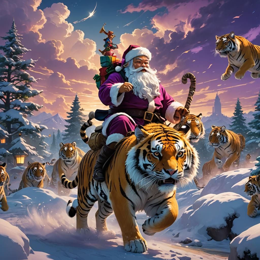Santa Claus Riding Tigers with Dramatic Lighting