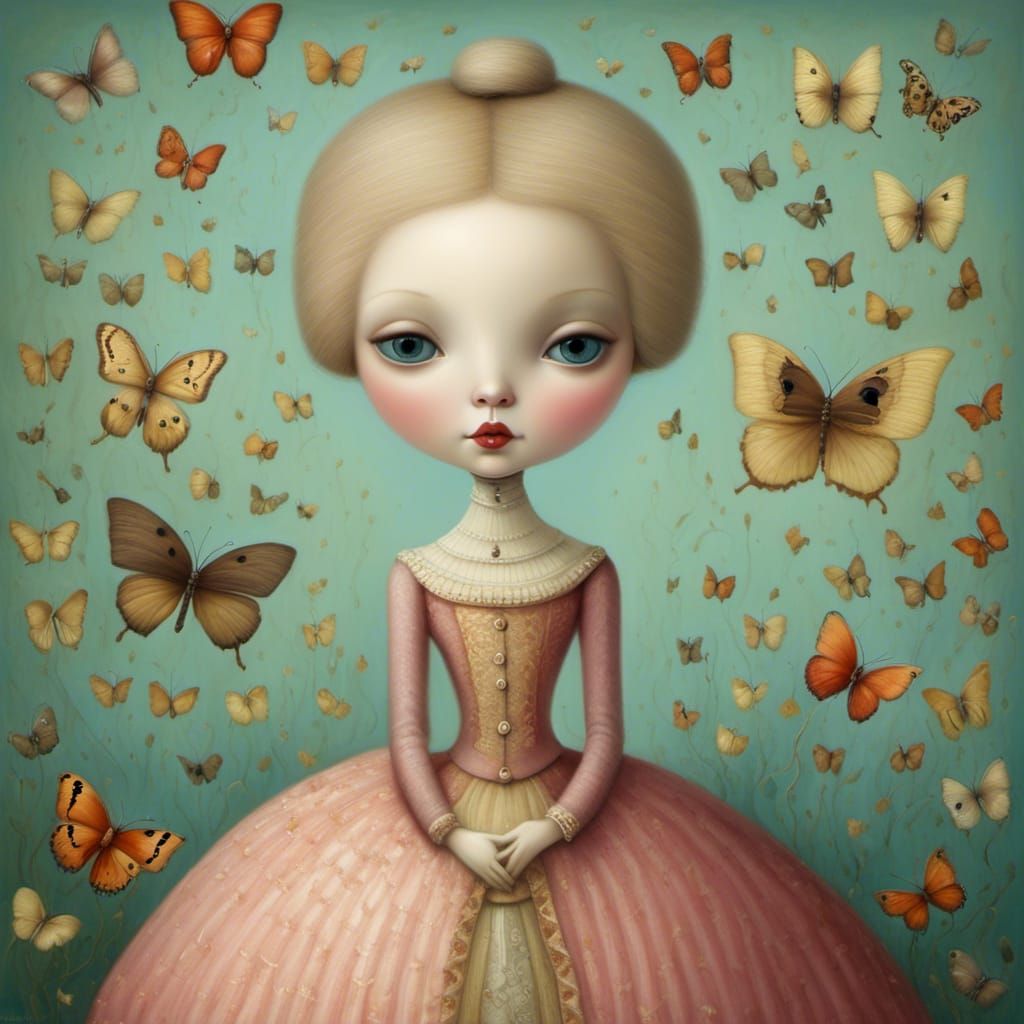 Whimsical Surreal Winter Illustration with Doll Character