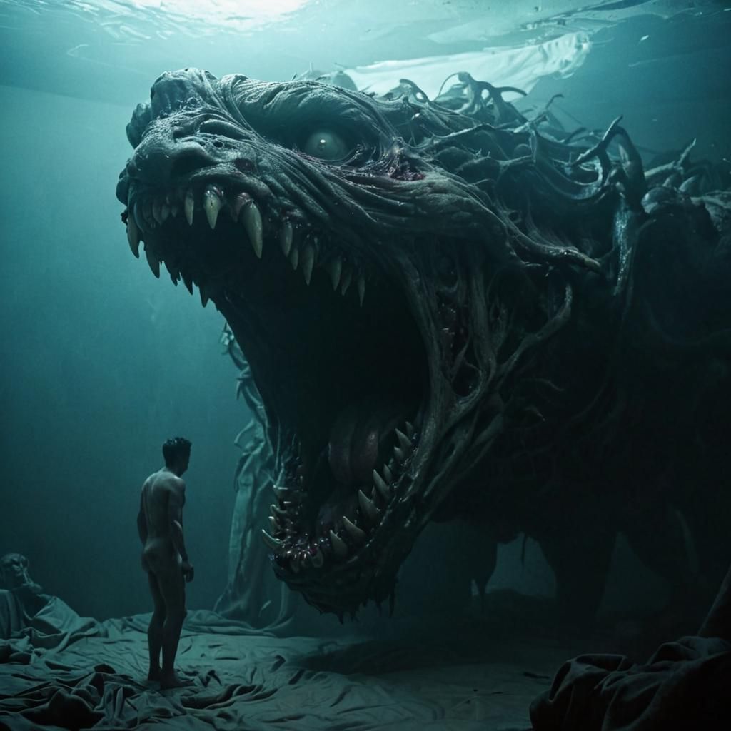 Terrifying Demon Hiding Under Bed: Surreal Horror Art