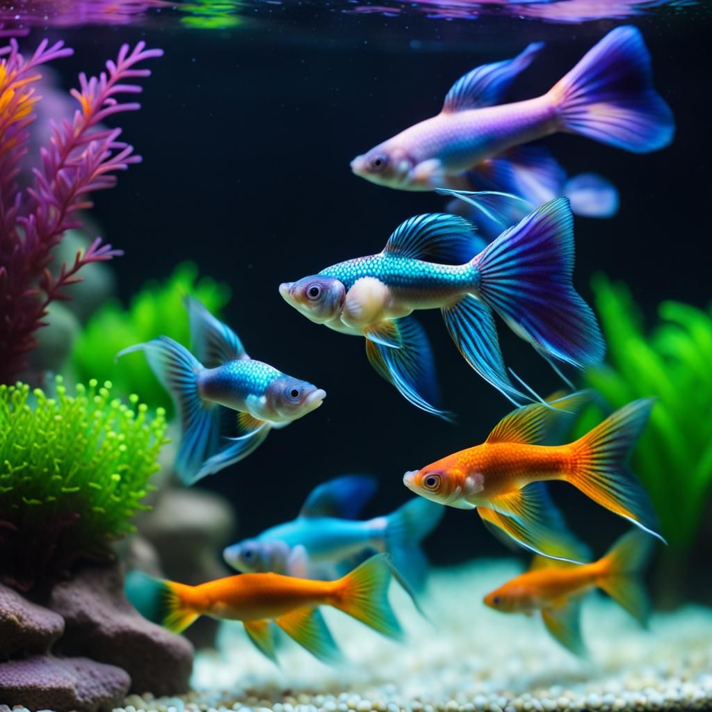 Psychedelic Guppies Among Colorful Aquatic Plants