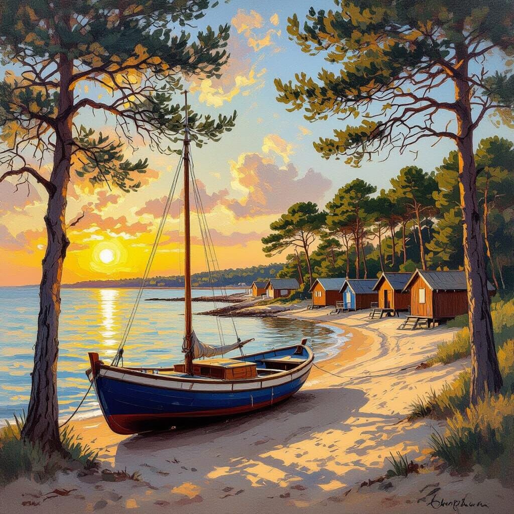 Impressionistic Oil Painting of Pinasse Boat on Arcachon Bas...
