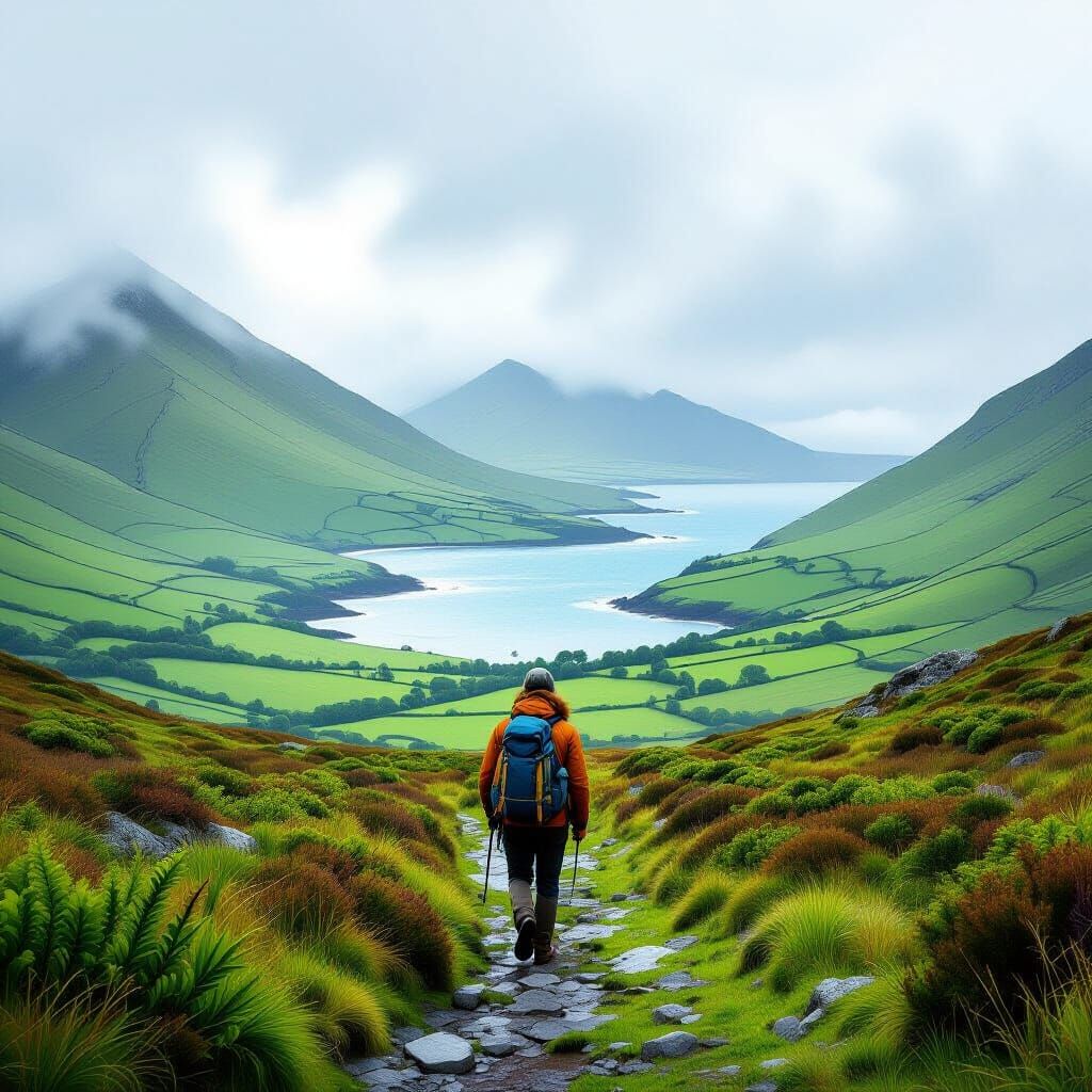 Hiker in Ireland's Lush Landscape: A Realistic Style