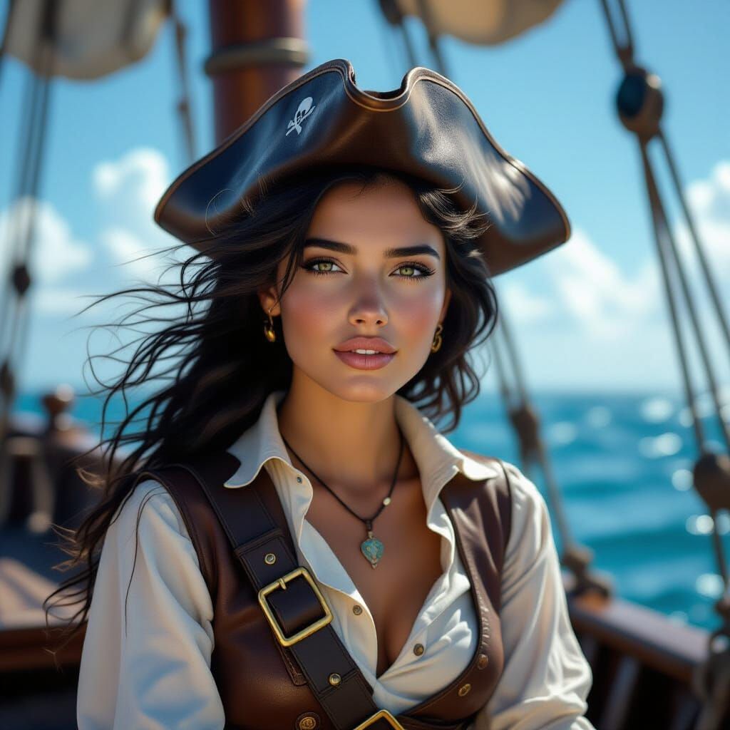 Fearless Woman on Pirate Ship at Golden Hour