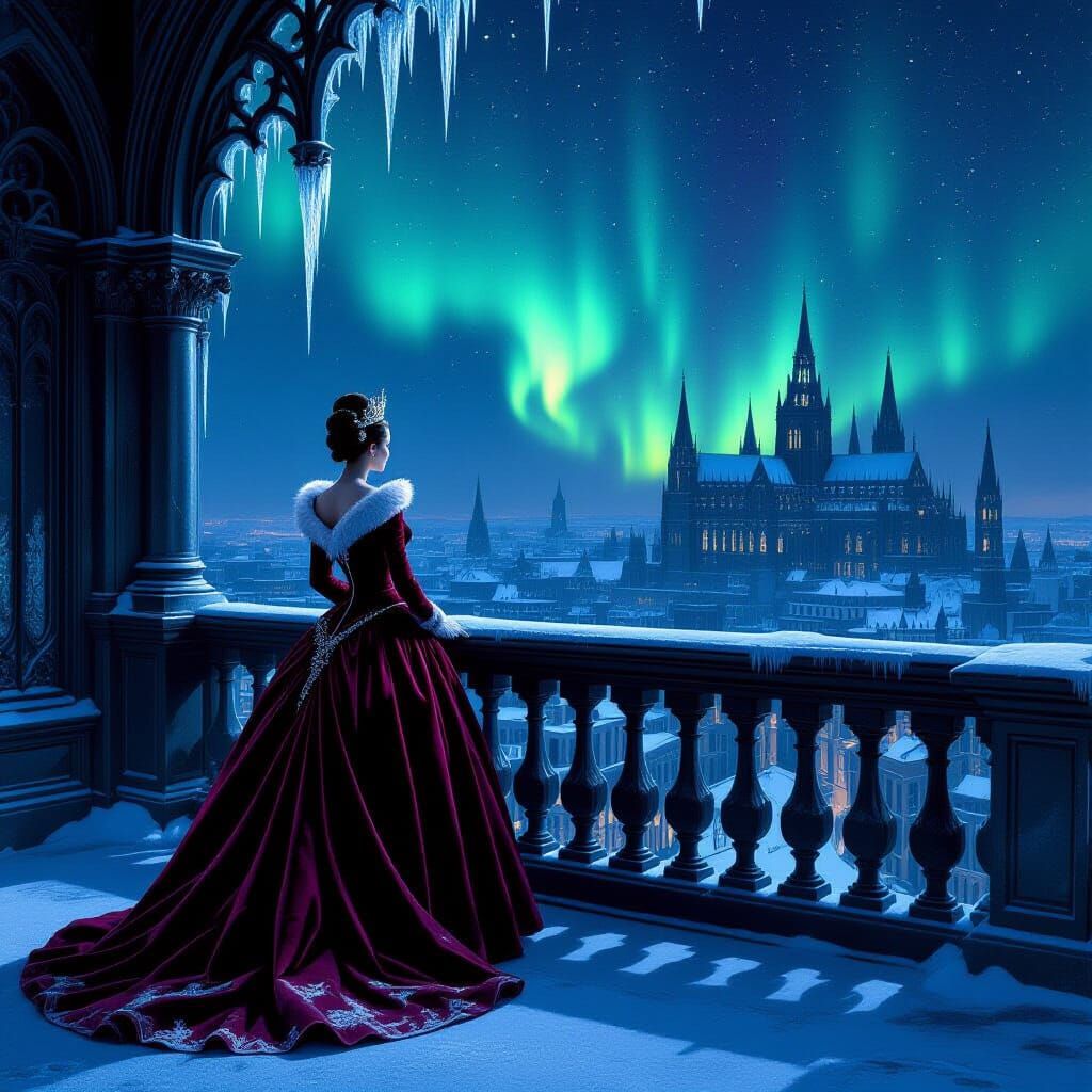 Ice Queen on Frozen Balcony in Gothic City