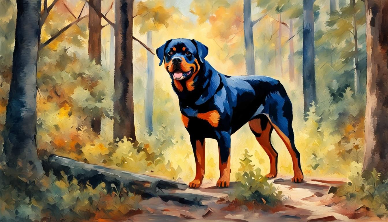 Rottweiler in Sunny Forest: Gouache Impressionist Painting