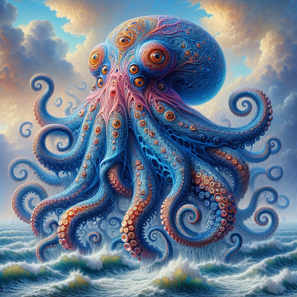 Majestic Azure Octopus Rises from Foamy Sea in Epic Fantasy ...
