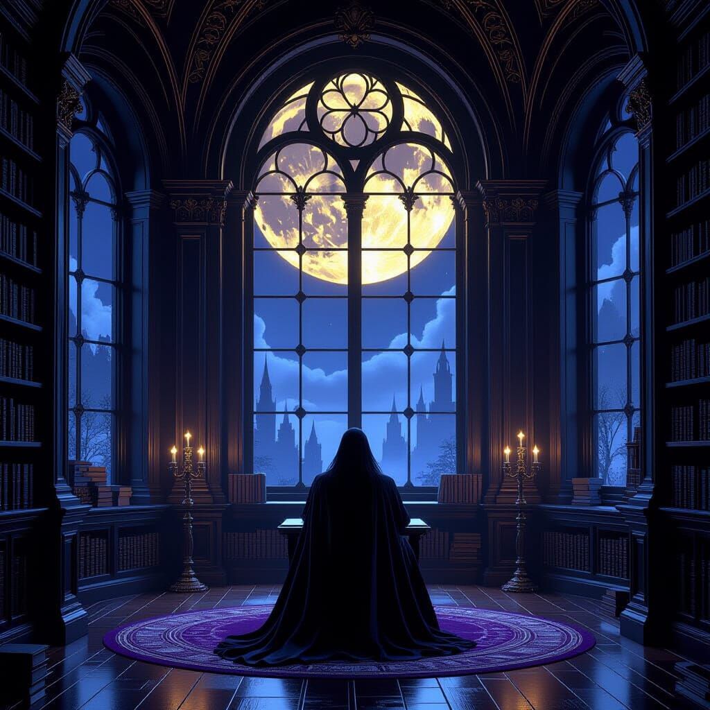 Gothic Library with Ethereal Moonlight - Dark Fantasy Art