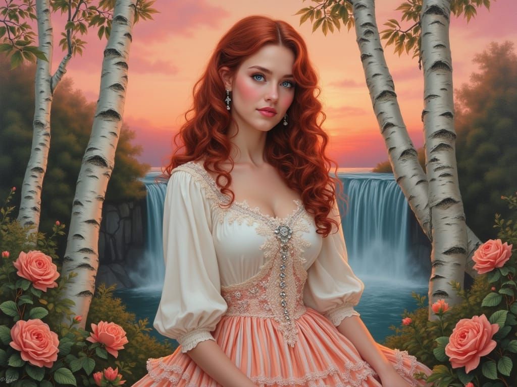 Elegant Woman in Lace Blouse Amidst Sunset and Waterfall