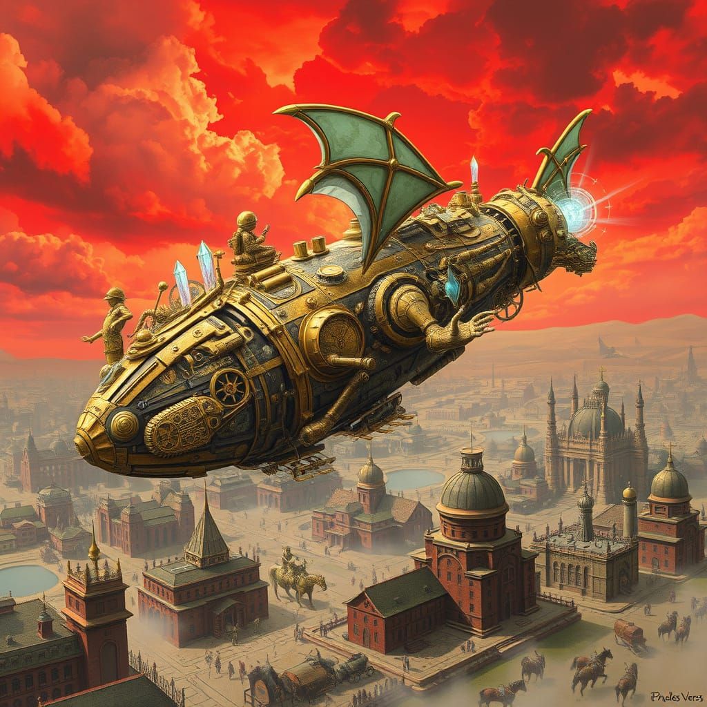 Mechanical Dragon Airship Soars Over Victorian City