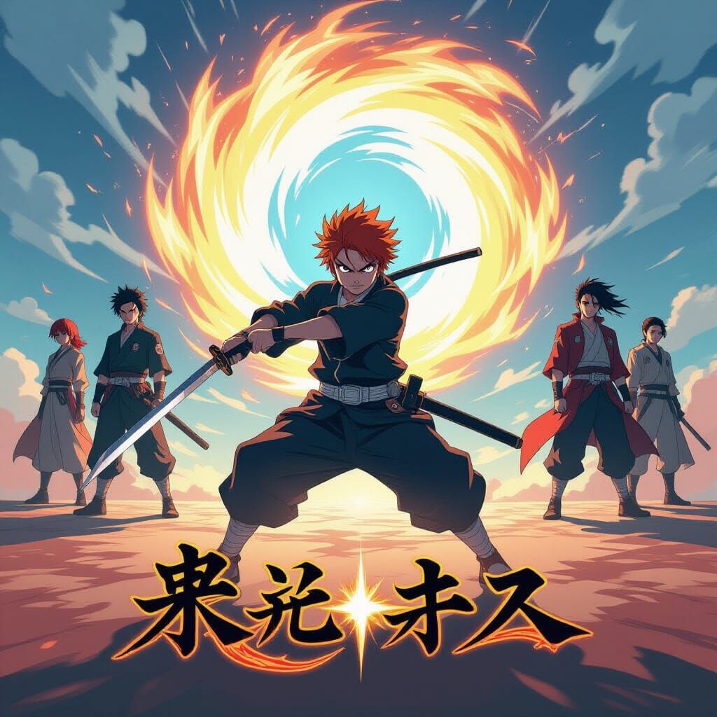 Zenitsu in Iconic Sword Pose with Anime Heroes