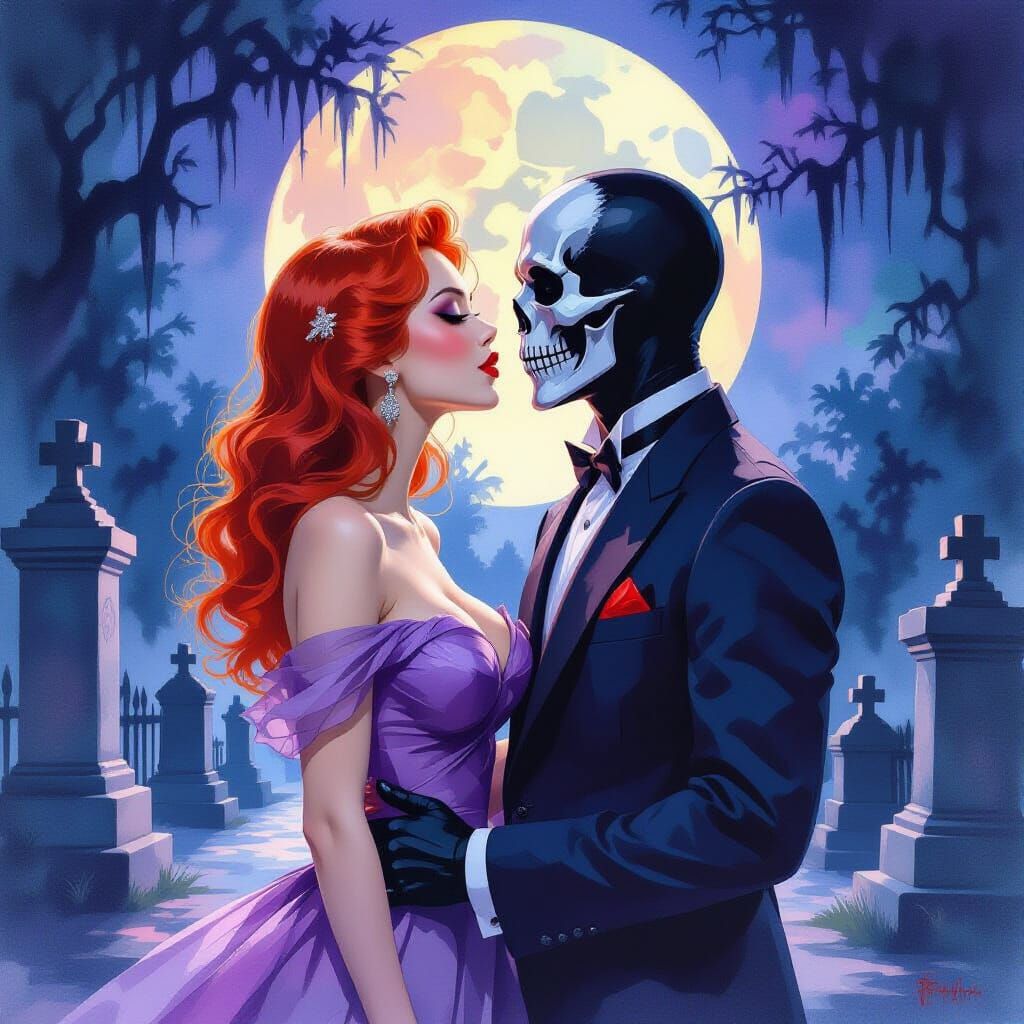 New Orleans Cemetery Kiss in Gouache Watercolor