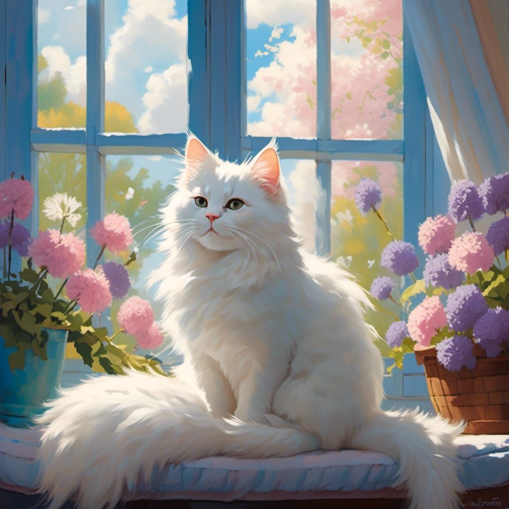 Fuzzy White Kitten in Sunny Blue Living Room