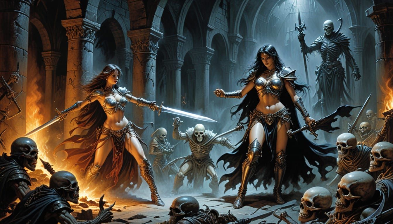 Fantasy Art Masterpiece: Wizard and Paladin Battle Skeletons