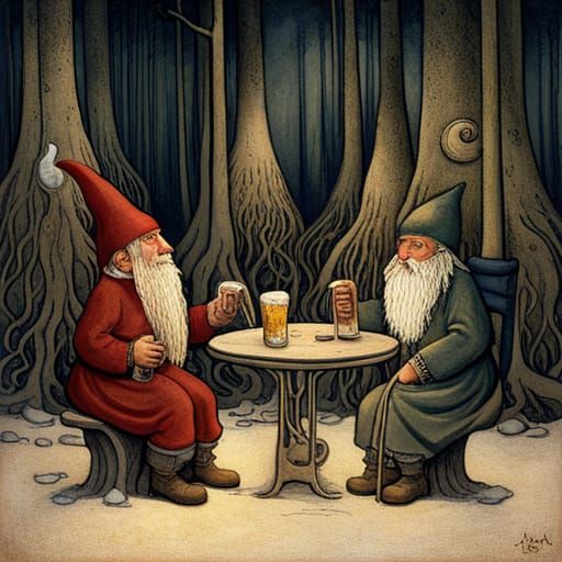 Scandinavian Gnomes and Witch in Forest Scene