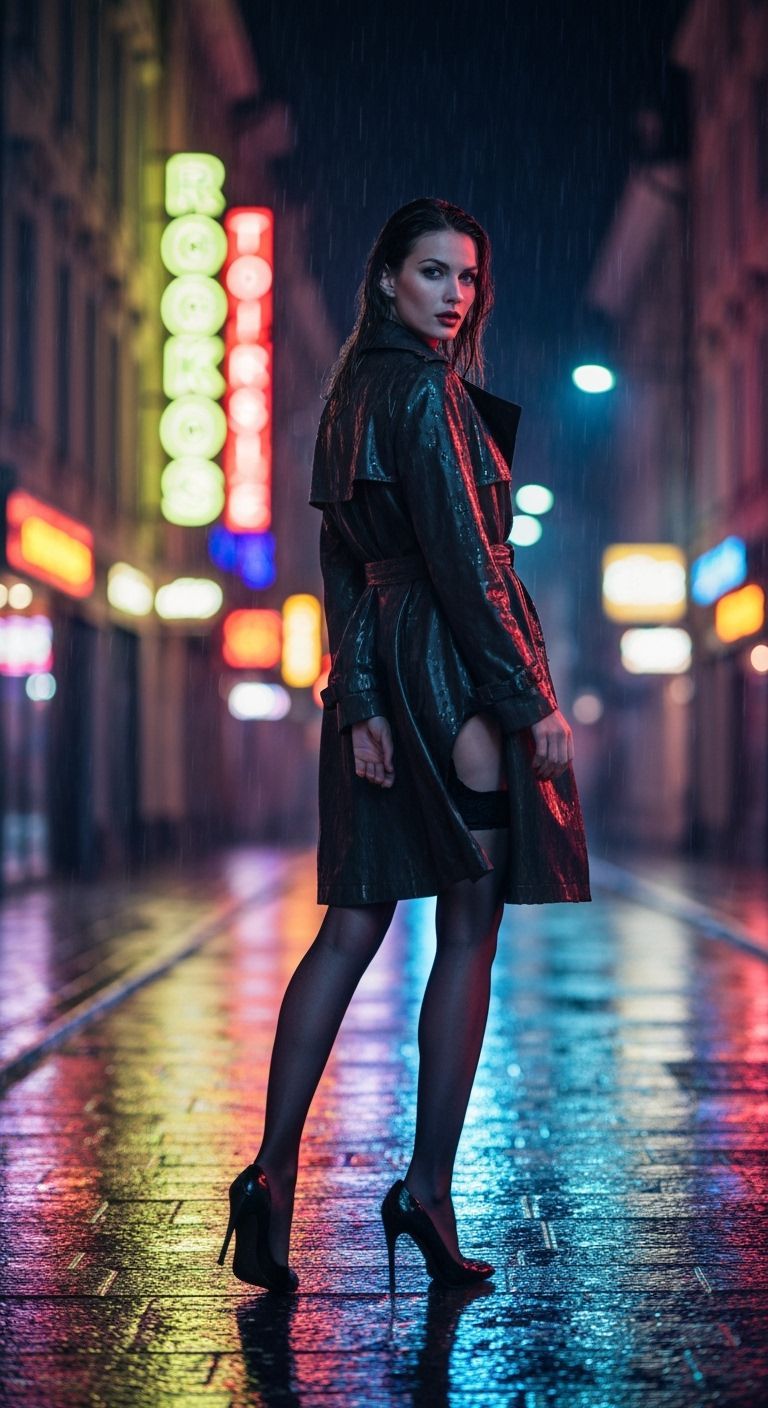 Neon Night: Woman in Rain-soaked Cityscape