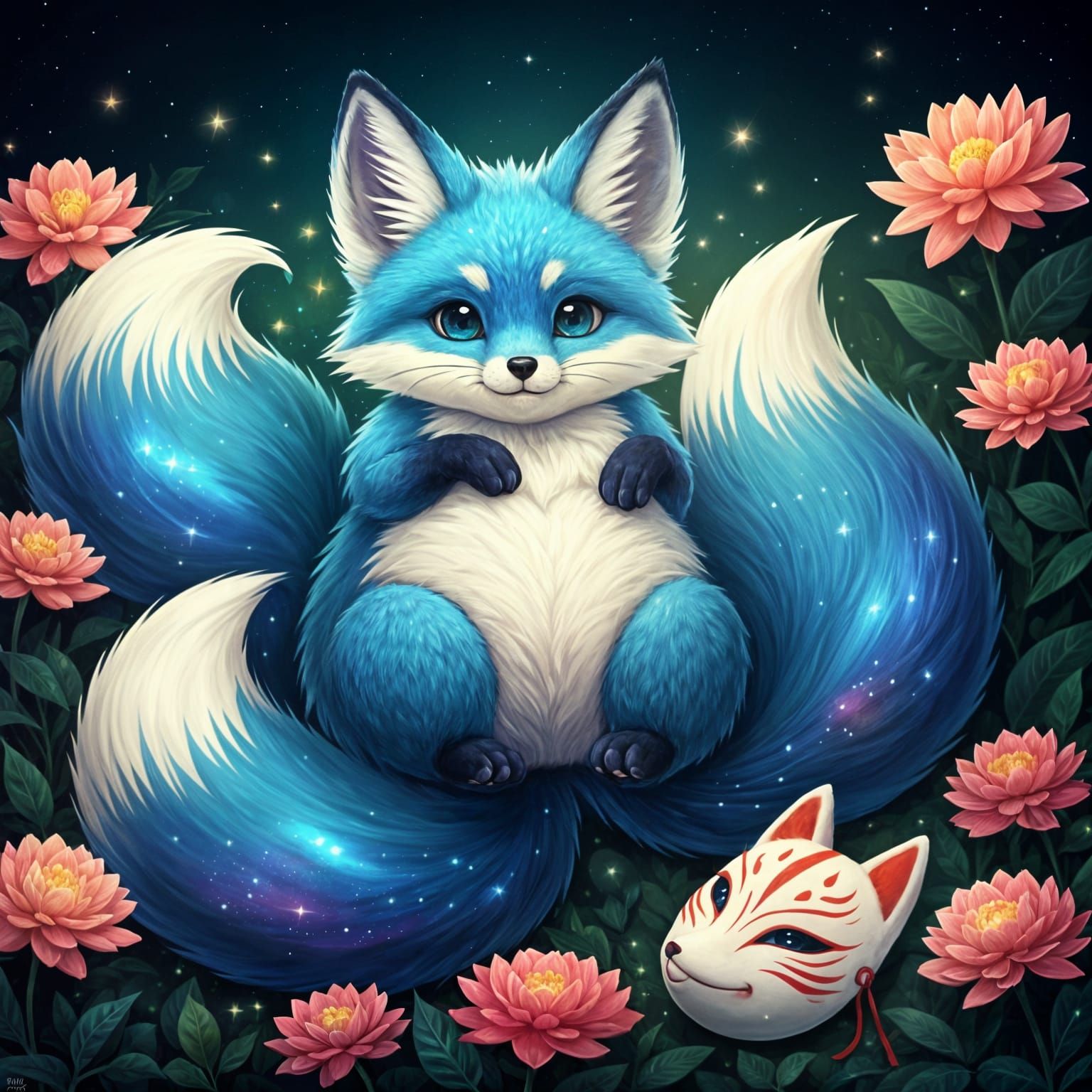 Chubby Blue Fox in a Surreal Flower Garden