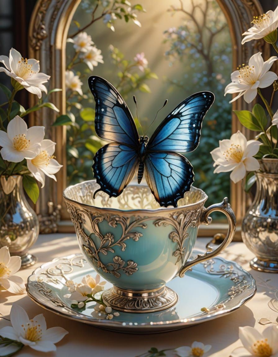 Butterfly in Silver Frame: Digital Fantasy Art