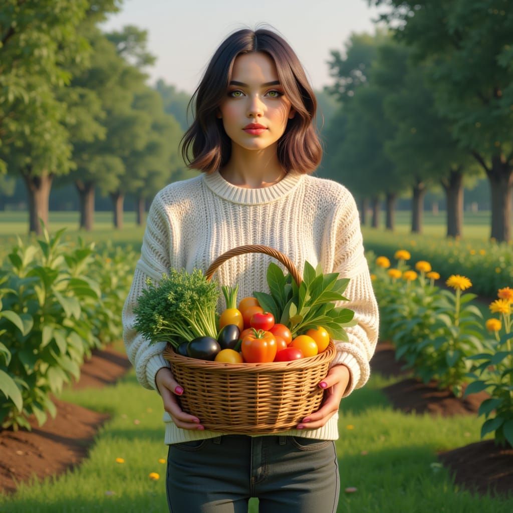 Woman with Garden Basket Full of Vegetables