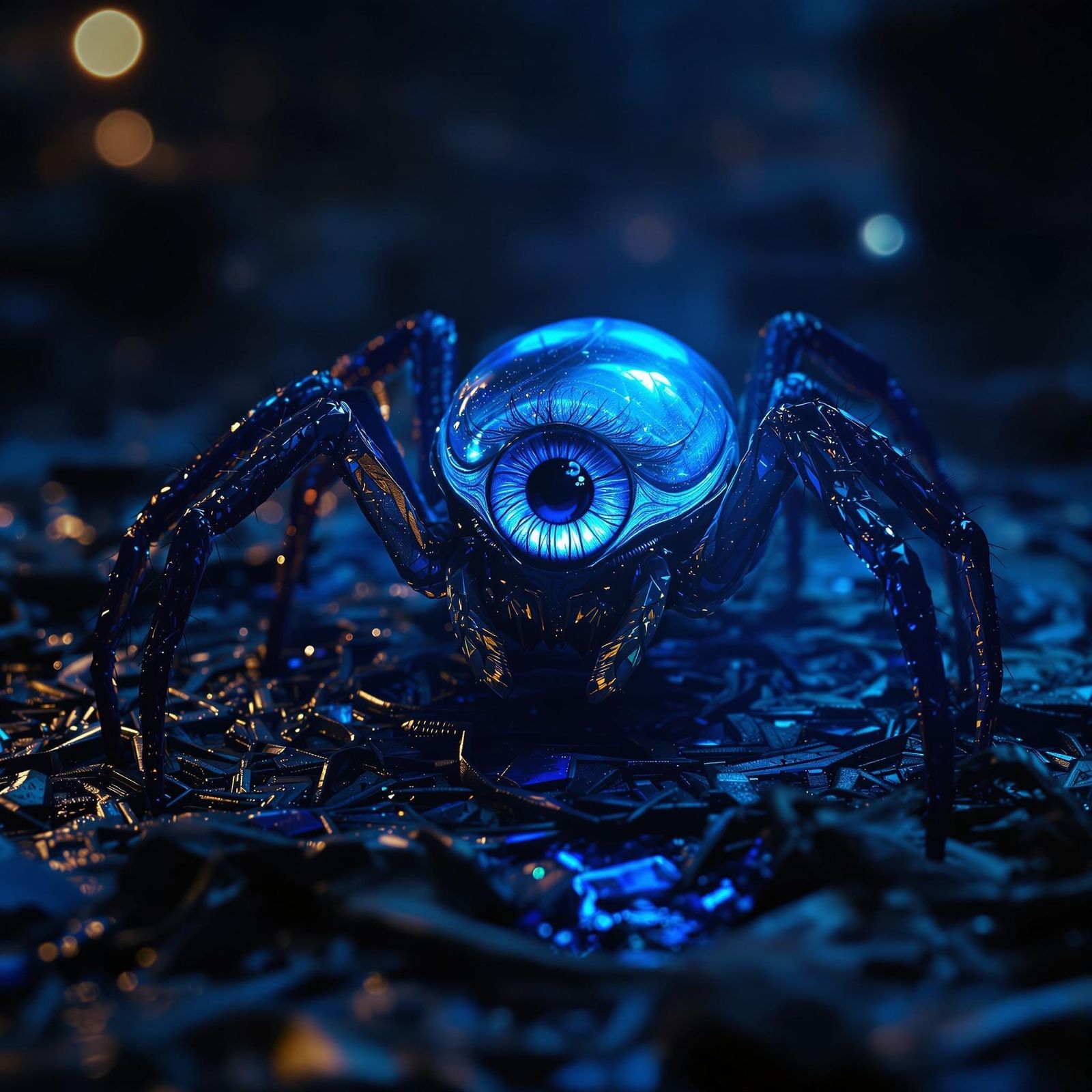 Glowing Blue Spider with Iridescent Shell in Darkened Atmosp...