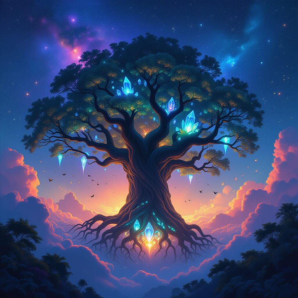Floating Ancient Tree in Cosmic Nebula with Crystal Roots