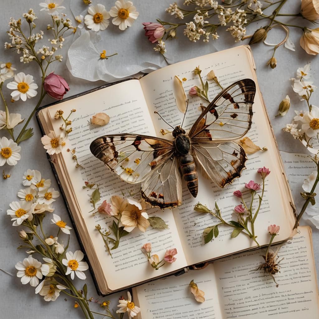 Glass Moth on Book with Pressed Flowers