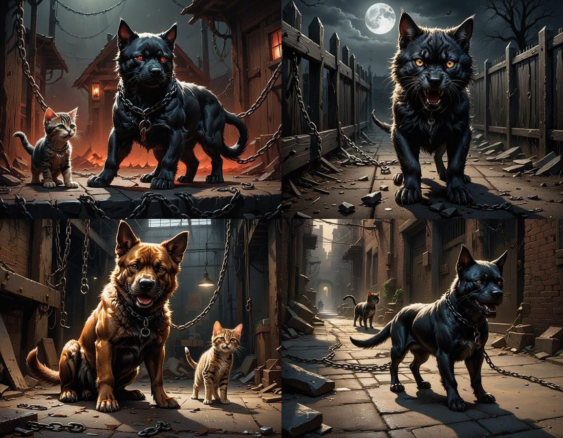 Vicious Dog Strains at Chain, Kitten Out of Reach