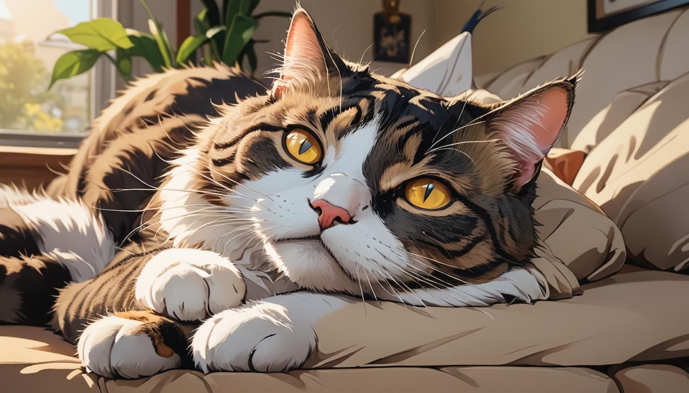 Lazy Cat in Anime Style with Soft Lighting