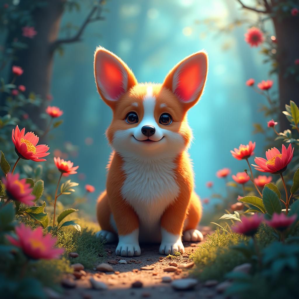 Corgi in Whimsical Realm as Matte Painting