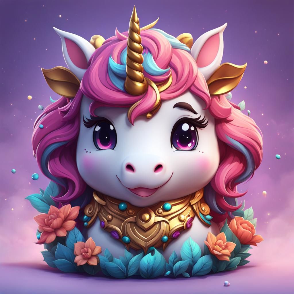 Cute Fat Chibi Unicorn in Detailed Matte Painting