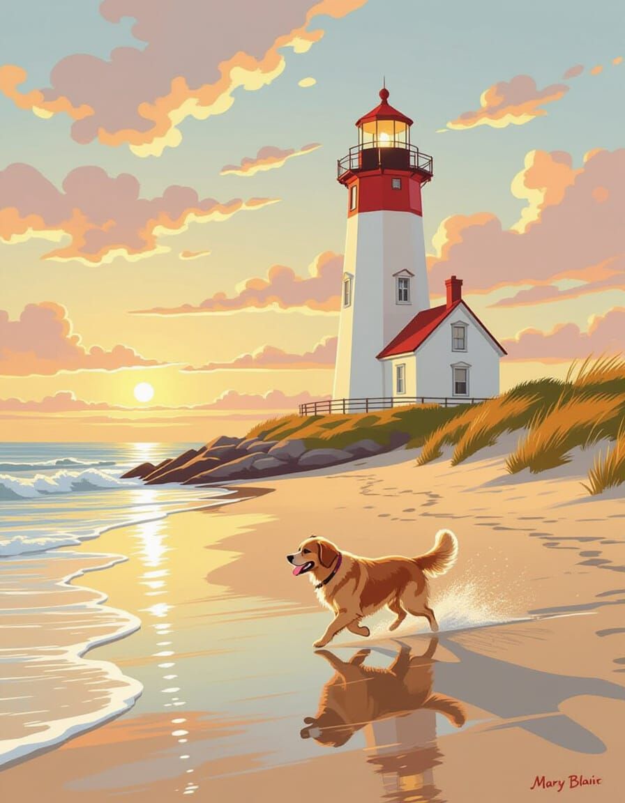 Lighthouse, Golden Retriever at Dawn in Painterly Style