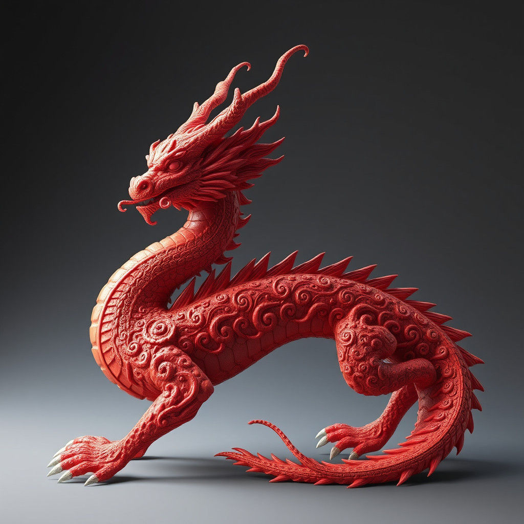 Red Coral Dragon Sculpture in 3D