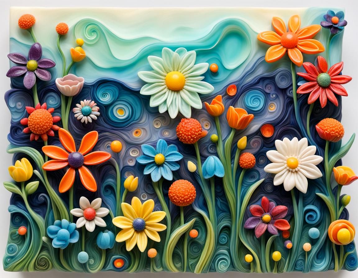 Intricate Colorful Spring Flowers in Tim Burton Style