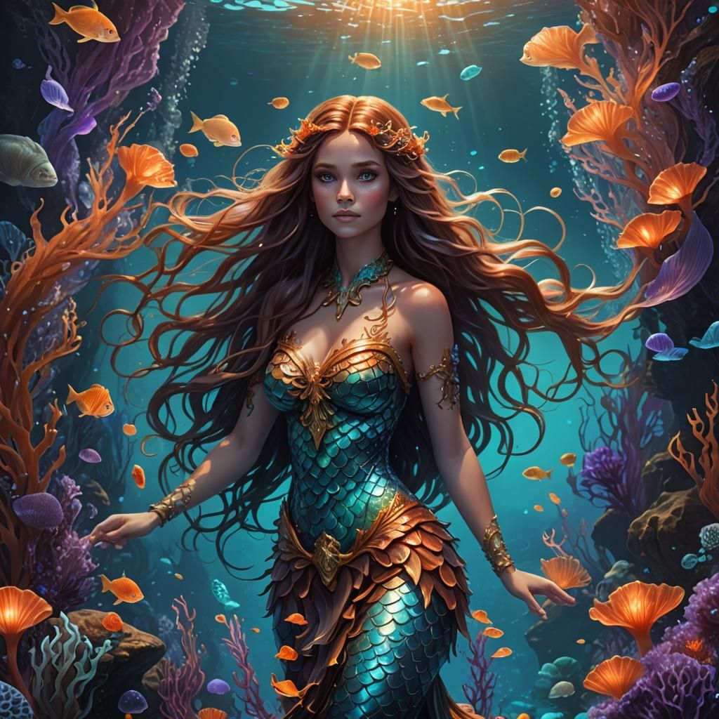 Mystic Mermaid in Bioluminescent Ocean, Fantasy Illustration