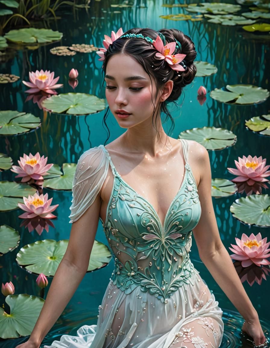 Water Nymph Emerges from Turquoise Pond in Hyperrealism