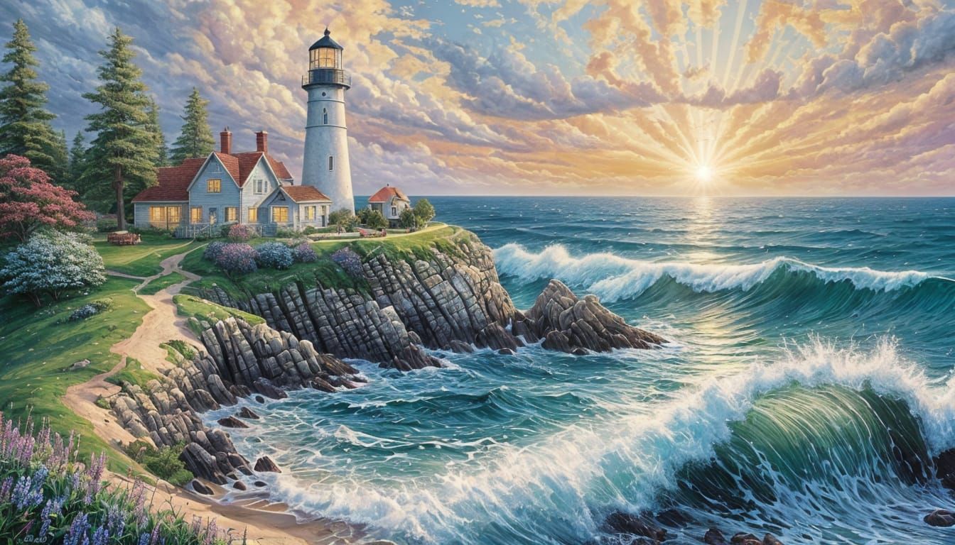 Vibrant Beach Lighthouses in Symmetrical Kaleidoscope Patter...