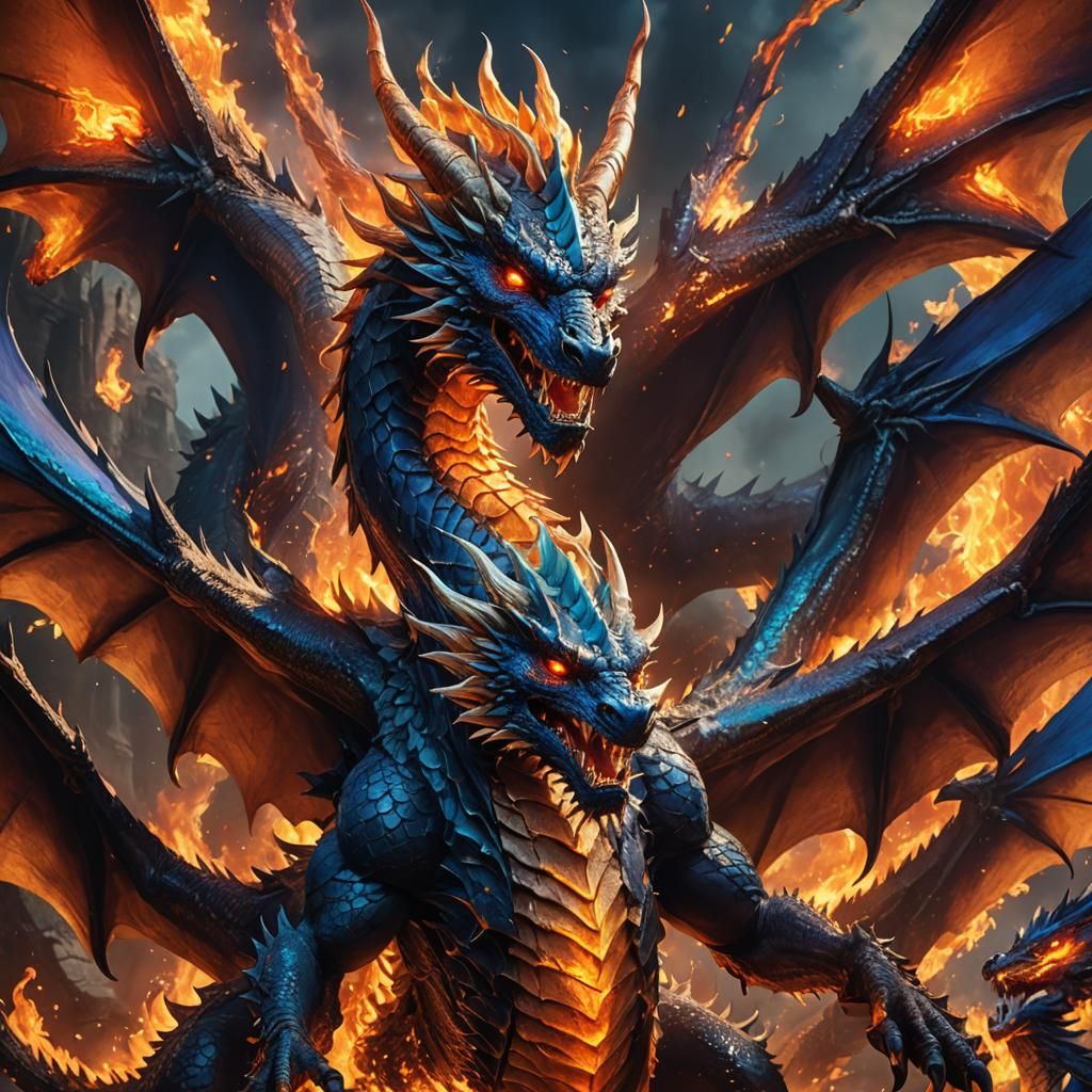 Tiamat Rising: Five-Headed Dragon in a Fiery Inferno