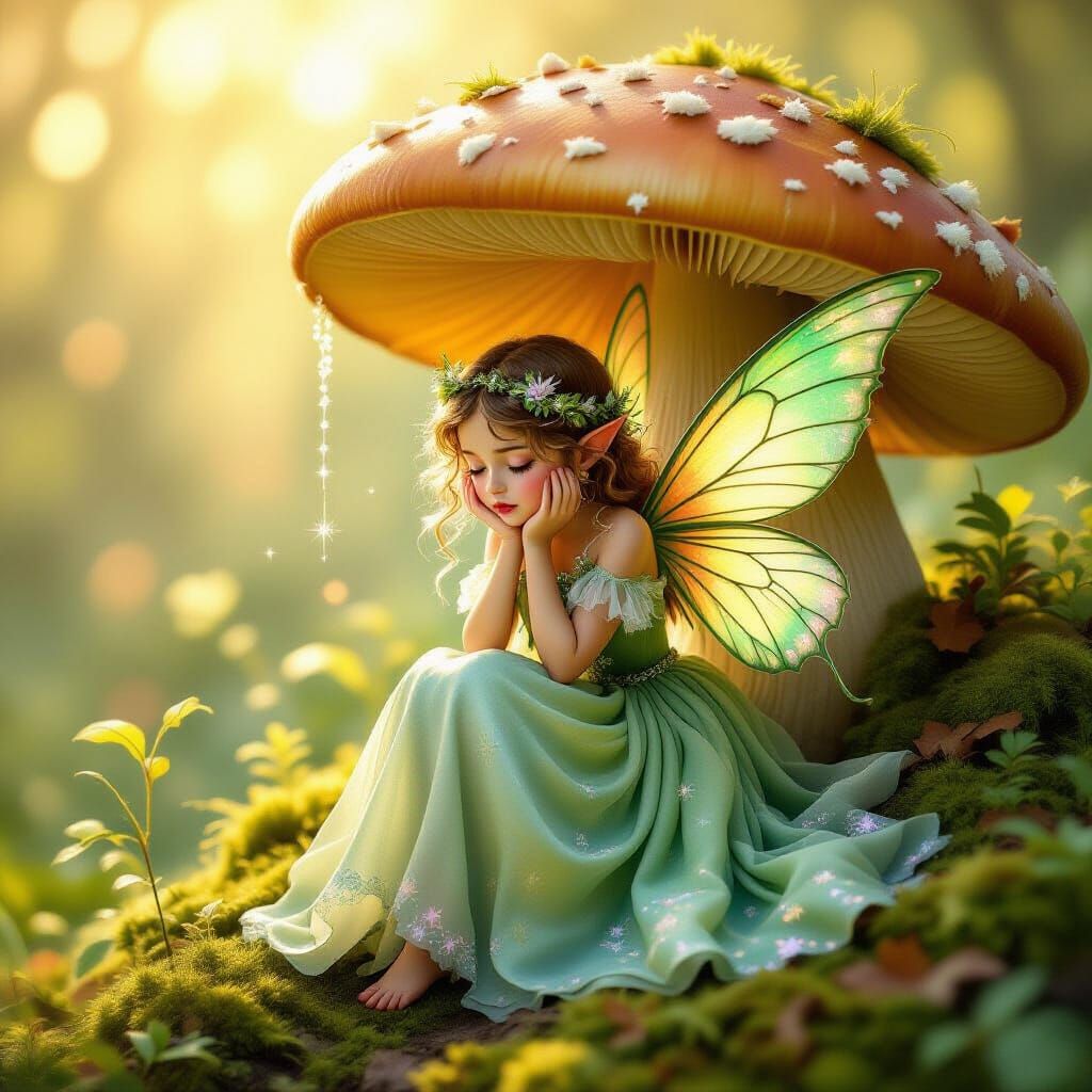 Sad Green Fairy in Dreamy Forest Landscape