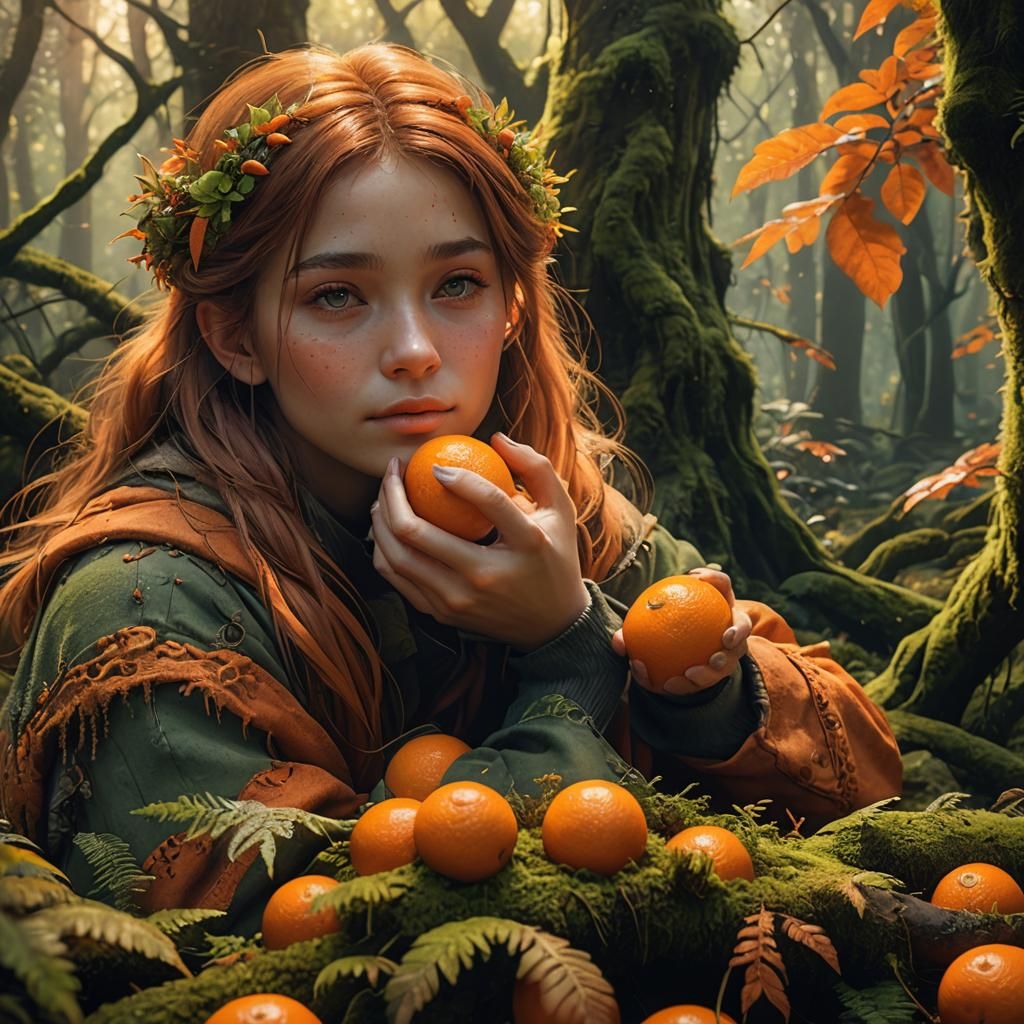 Woman Cuddling Pumpkin in Mossy Forest