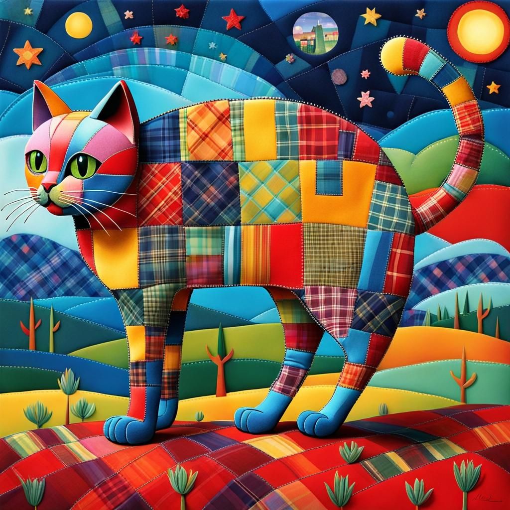 Plaid Patchwork Cat in Storybook Style