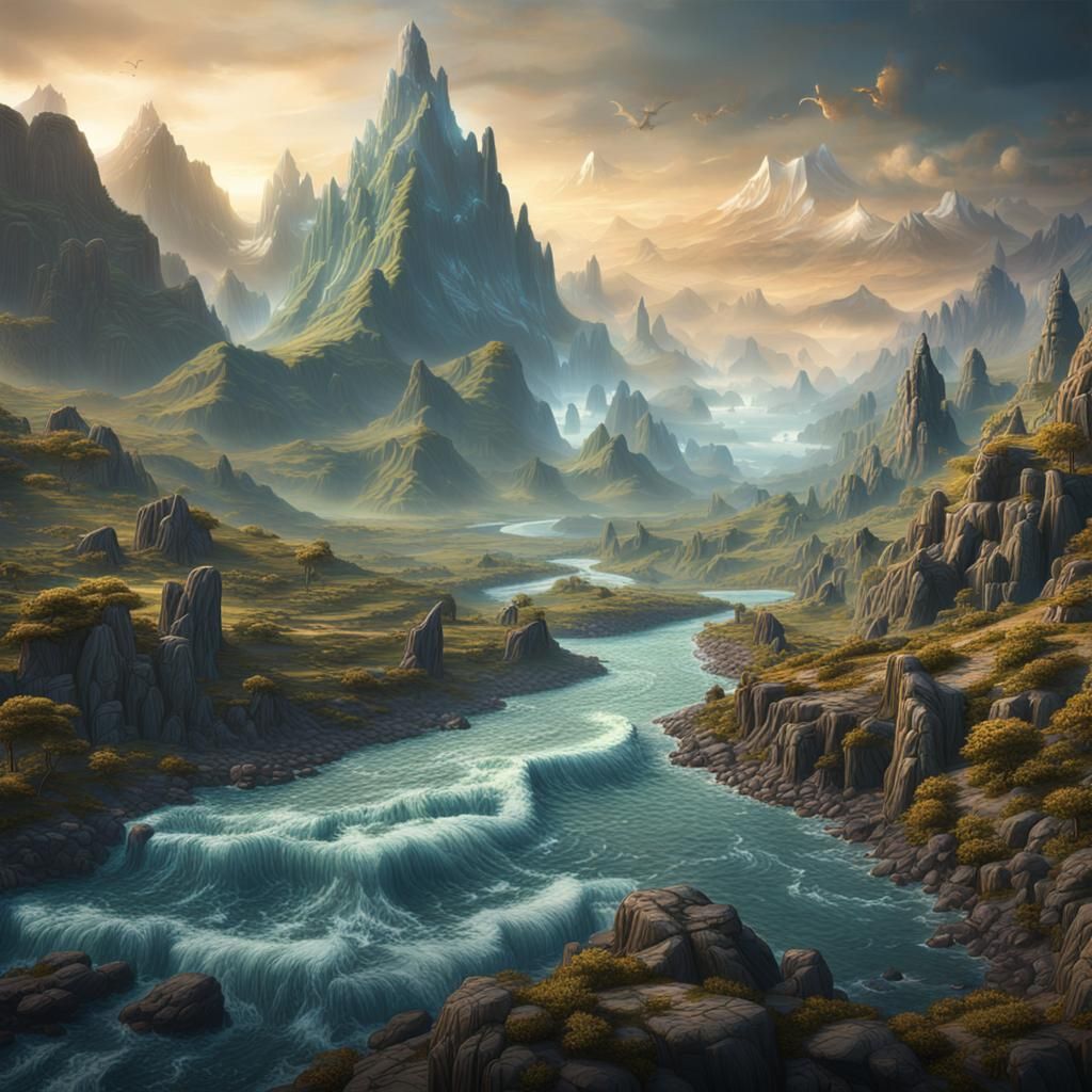 Fantastical Rivers and Mountains in Detailed Digital Paintin...